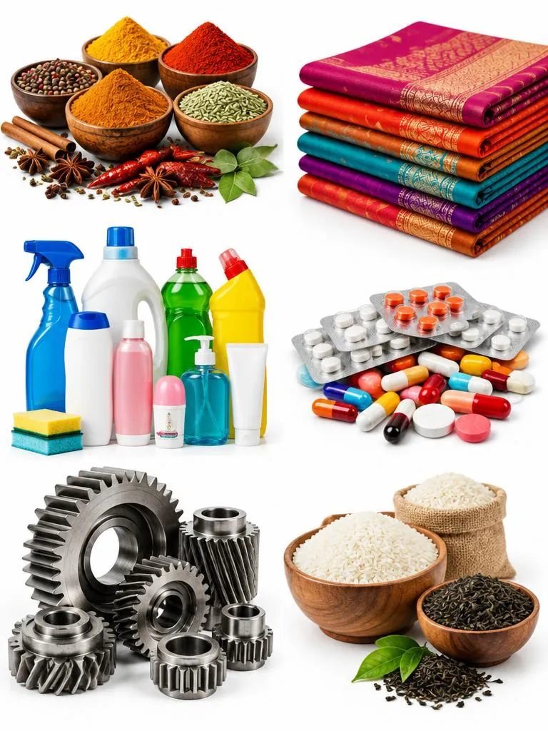 Indian spices, textiles, care products, medicines, machinery and rice