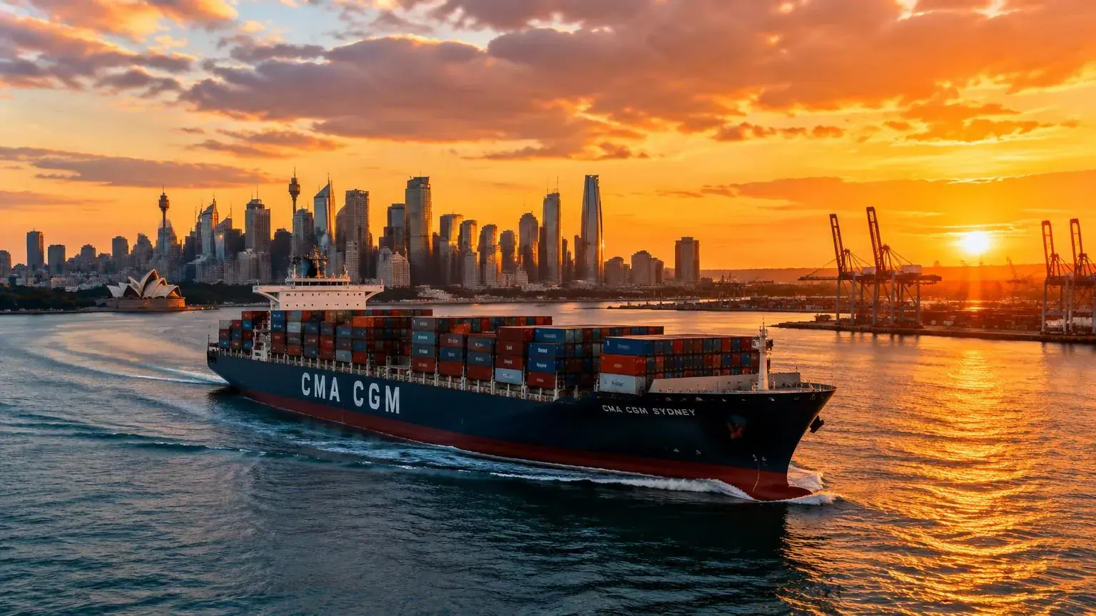 Cargo ship sailing past the Sydney skyline at sunset