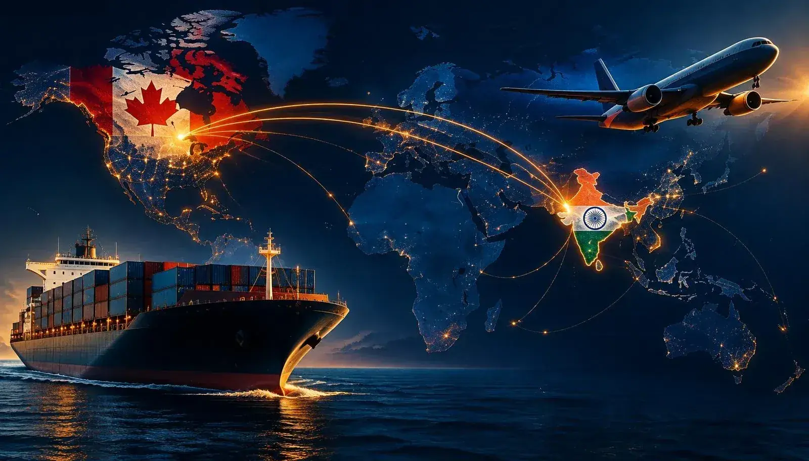 Trade route connecting Canada and India by air and sea