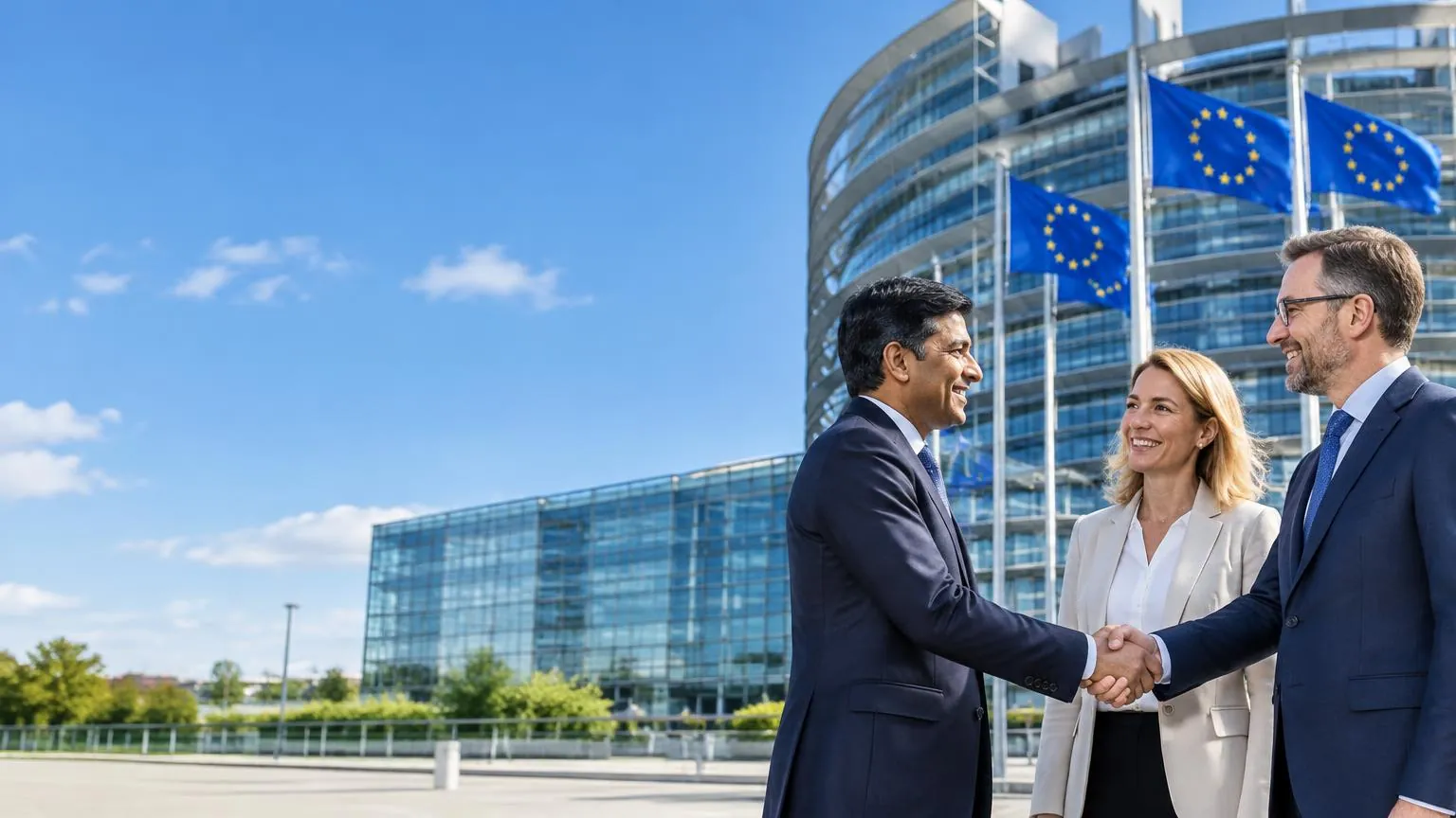 Indian and European business partners meeting beside European Union flags
