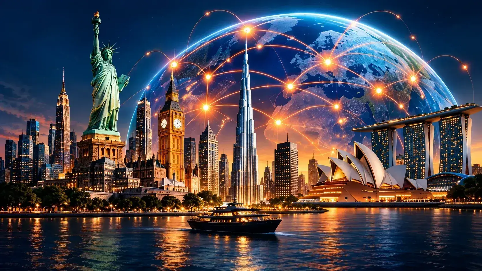 Global landmarks with glowing trade routes