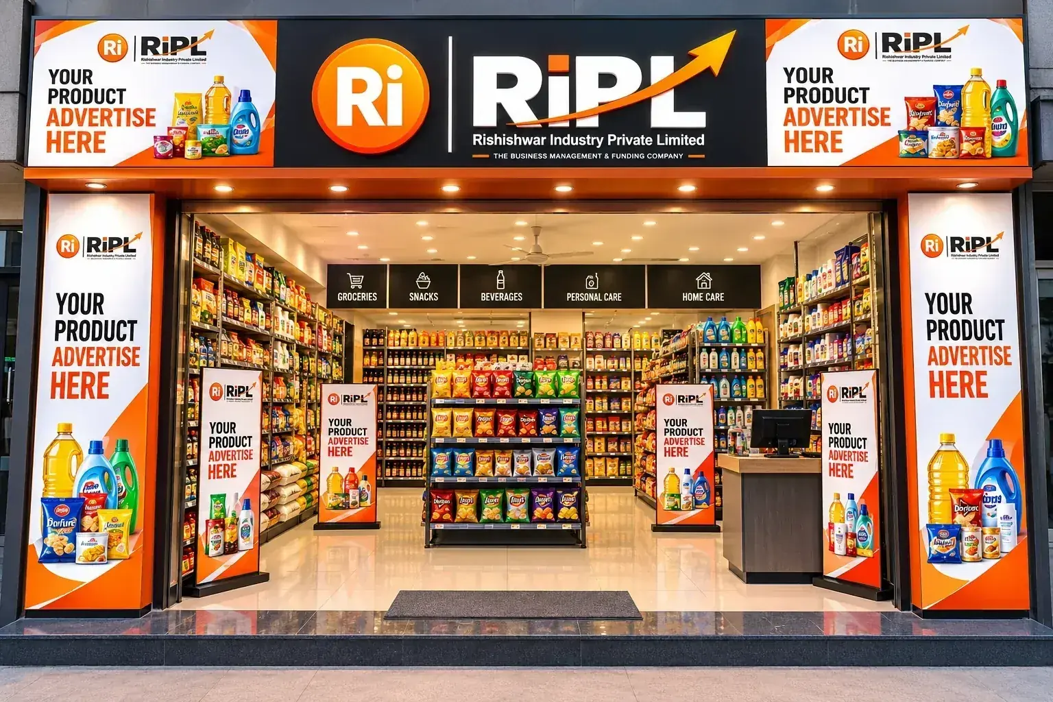 Rishishwar Industry grocery storefront showing product advertising placements