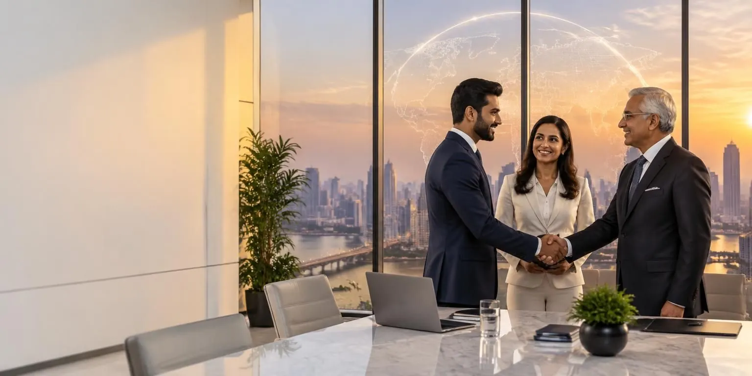 Business leaders connecting with an investor overlooking a global city skyline