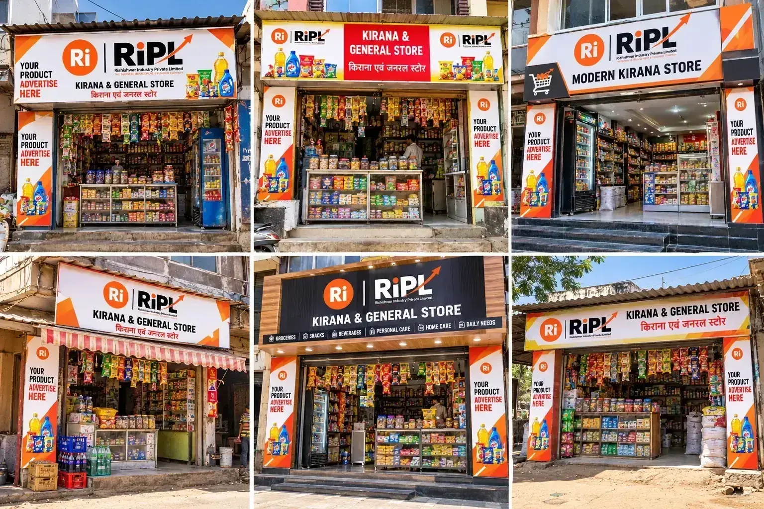 Examples of product advertising placements across kirana storefronts