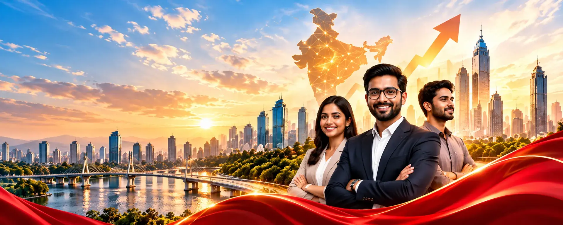 Indian startup founders with a connected India and growing skyline