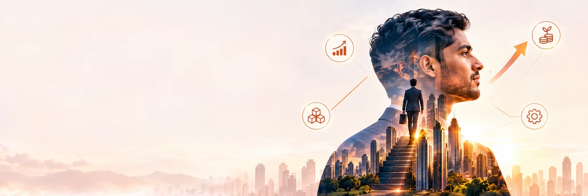 Entrepreneur portrait with a city and staircase representing business transformation