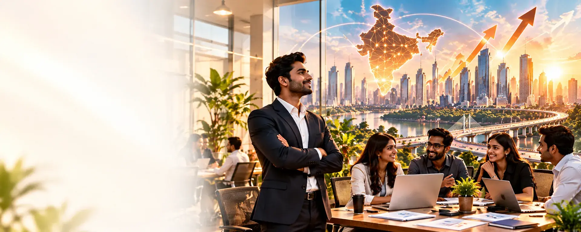 Startup founder and team in an office overlooking India's growing cities