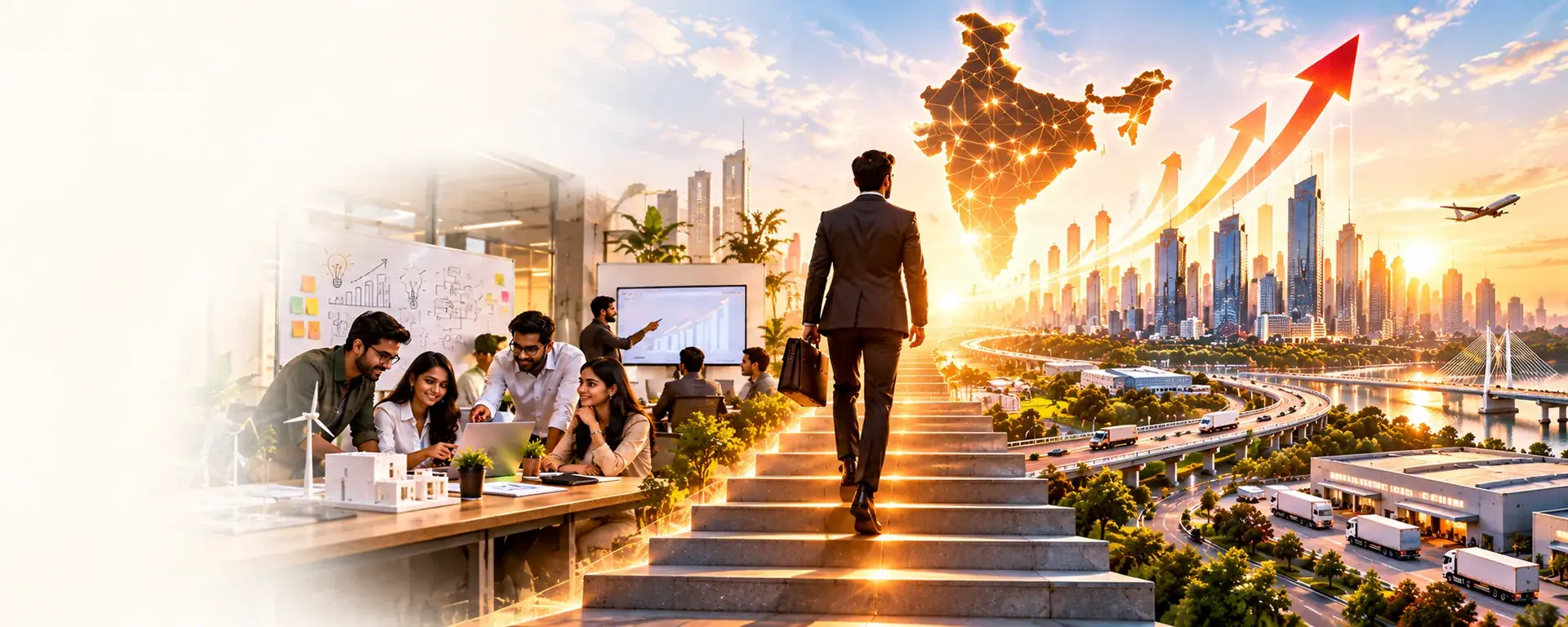 Entrepreneur climbing the staircase from startup traction toward wider markets and growth