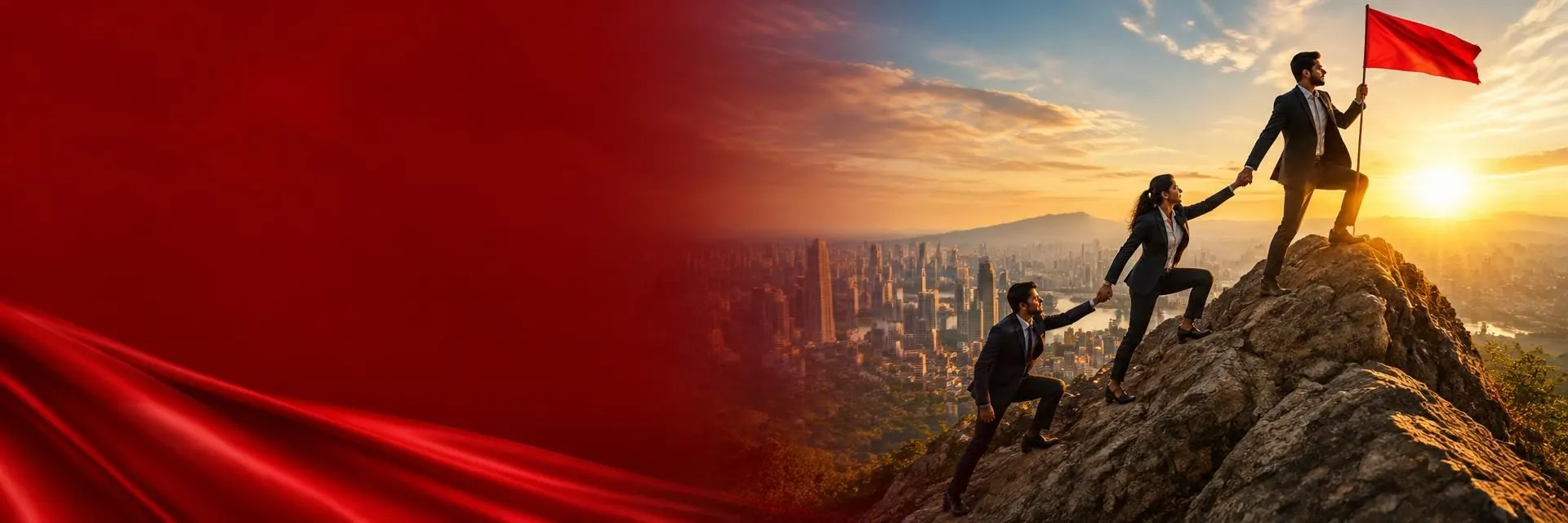 Founders helping each other reach a summit above a growing city
