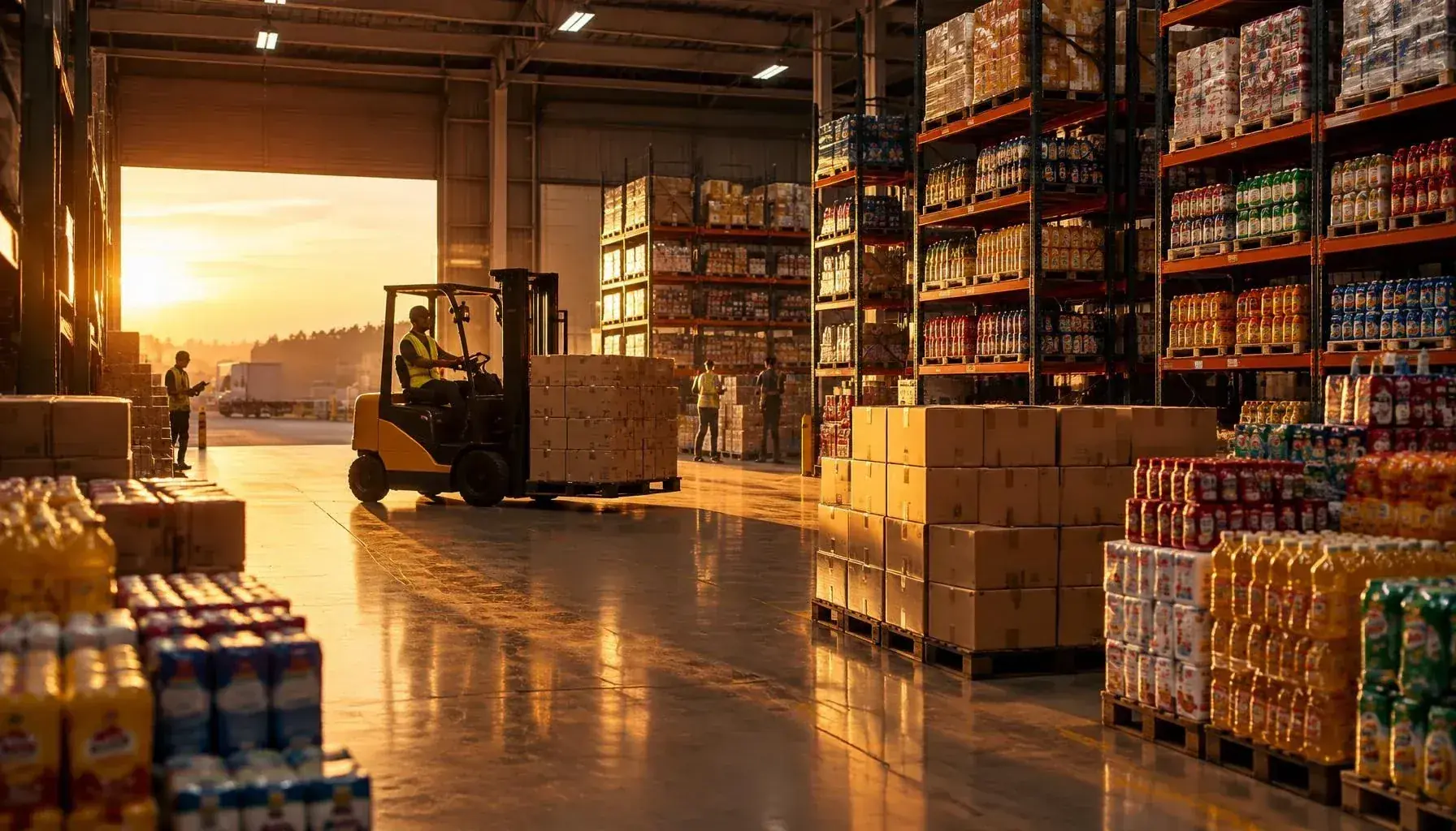 FMCG distribution warehouse with stacked shelves of packaged products
