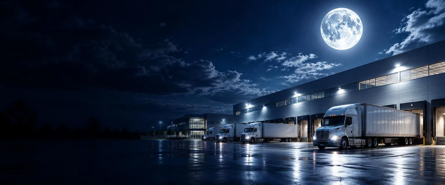 Warehouse and delivery trucks under the full moon
