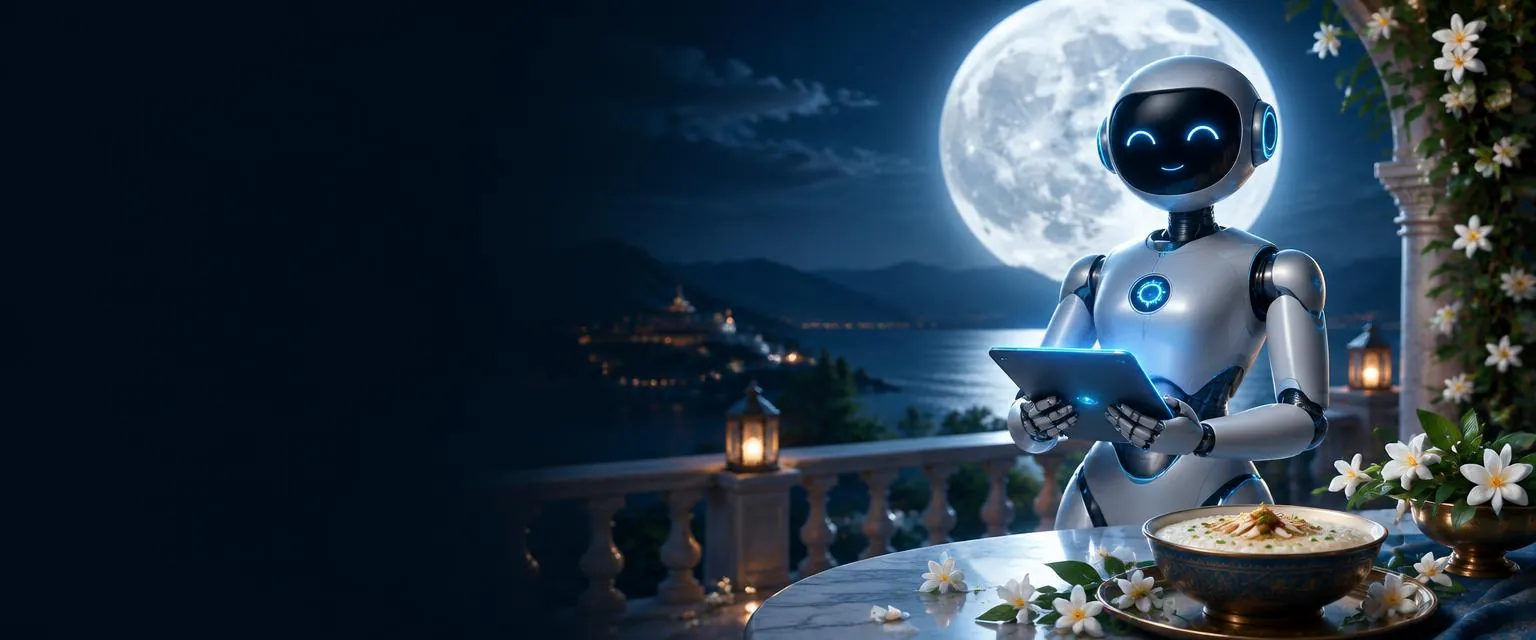 Friendly AI business assistant under the full moon