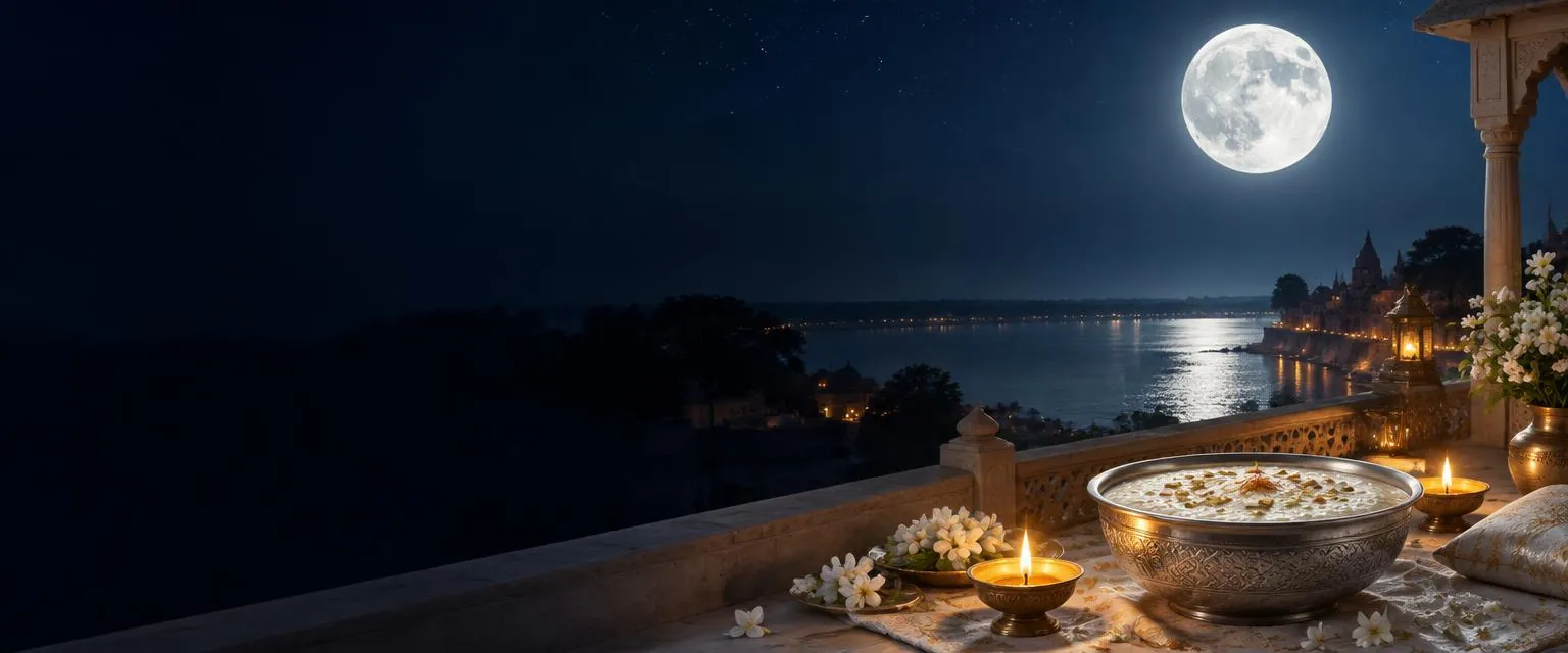 Full moon over a river with a silver bowl of kheer, diyas and jasmine on a terrace for Sharad Purnima