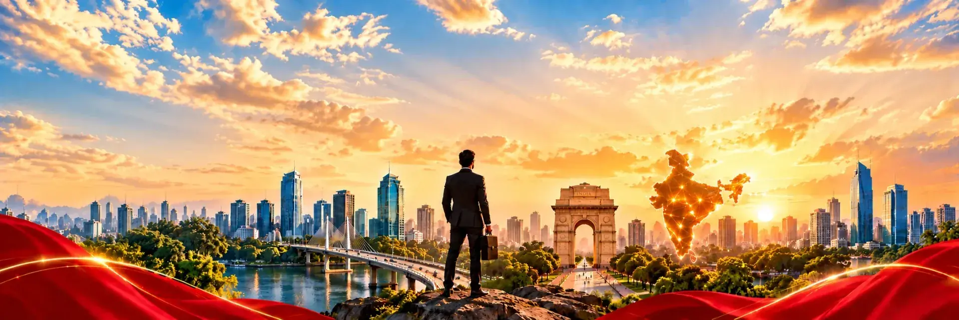 Indian entrepreneur overlooking India Gate, connected India and growing cities