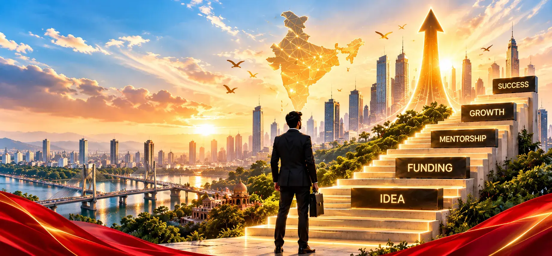 Founder climbing from idea and funding to mentorship, growth and success