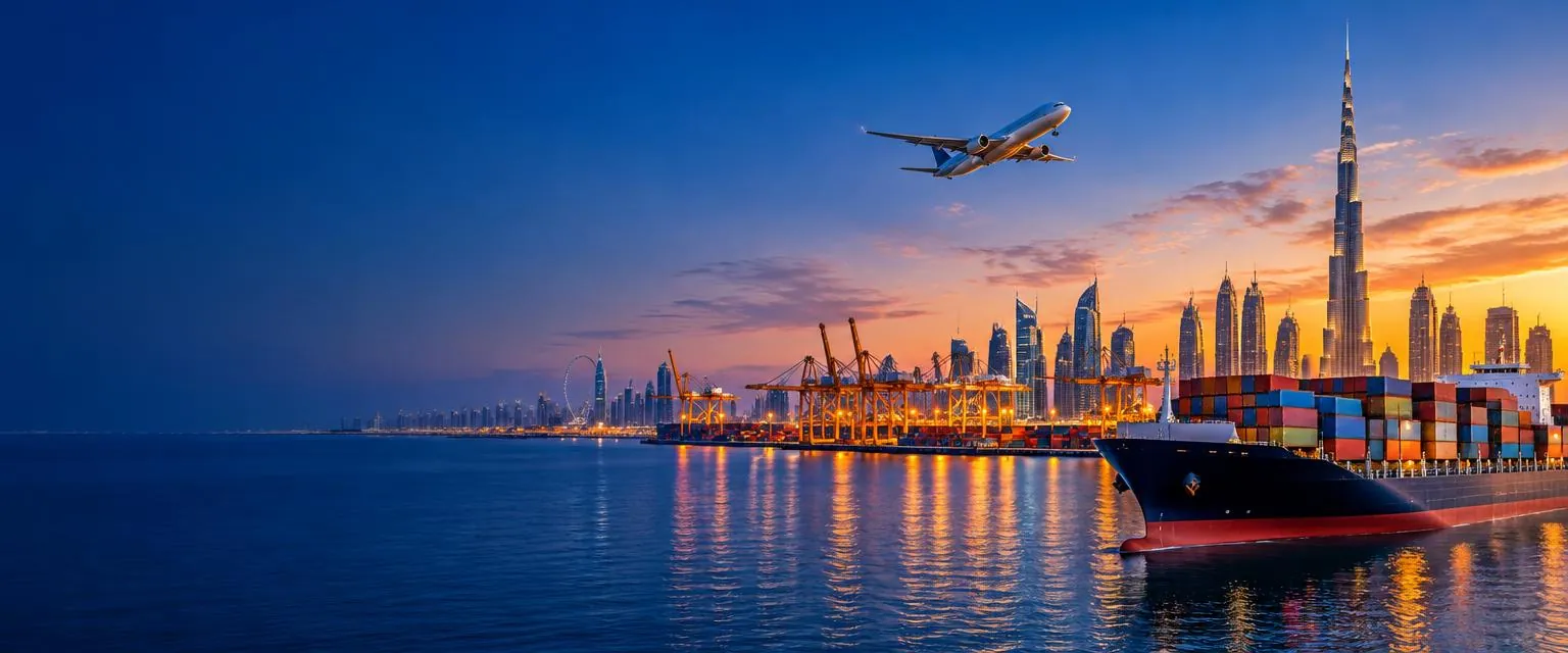 Dubai skyline, global shipping and air freight connections